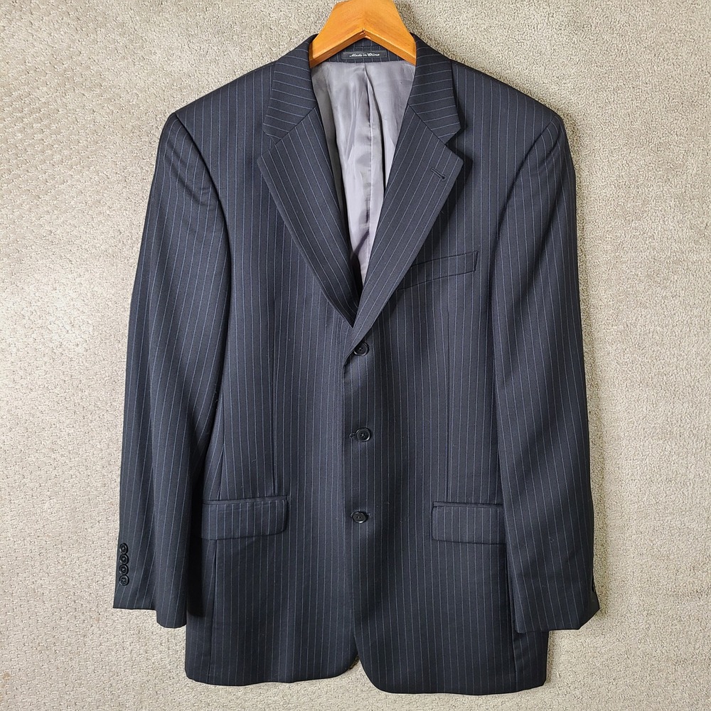 Murano Jacket Mens 40L Navy Blue Striped Blazer Wool Three Button Suit Coat